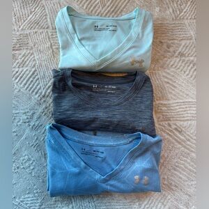 Under Armour Woman’s HeatGear Bundle XS Short Sleeve Tee Shirt Blue Gray Mint